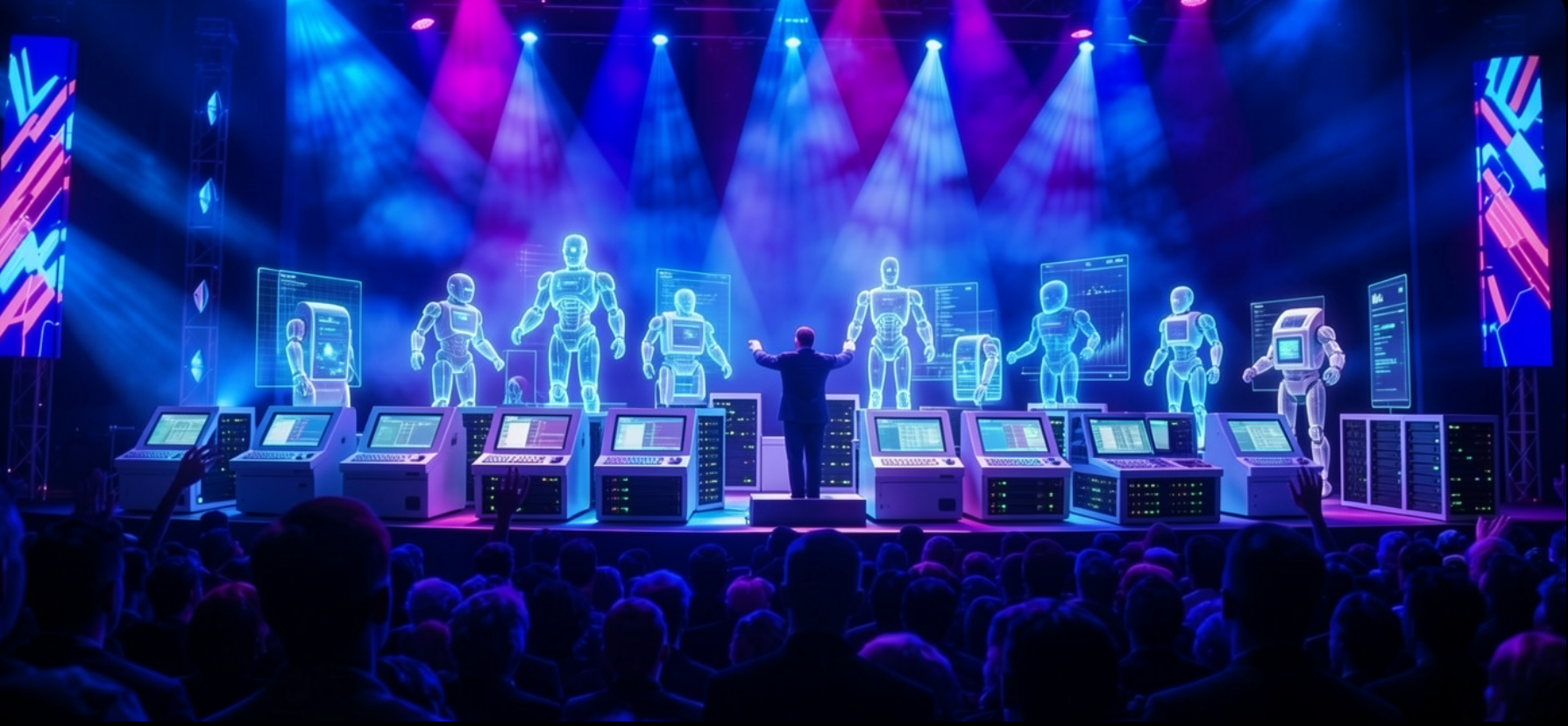 A conductor commanding an orchestra of AI robots on stage — the Maestro Academy vision