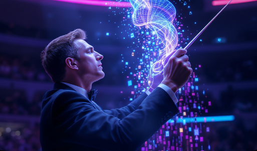 AI conductor wielding a glowing digital baton — the power of the Maestro Method